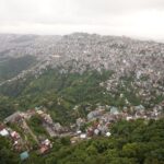 Scenic aerial view showcasing the sprawling city of Aizawl nestled among lush hills in Mizoram, India.