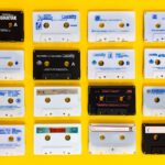A collection of retro cassette tapes arranged on a vibrant yellow background.