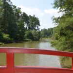A picturesque view from a red bridge over a calm river surrounded by lush greenery.