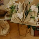 An artistic composition featuring an open book adorned with white flowers, placed on a vintage stand.