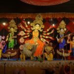 Colorful statues of Hindu deities during Durga Puja festival in Chattogram, Bangladesh.