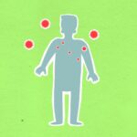 Paper cutout of male silhouette surrounded with many spreading contagious red viruses on green background during dangerous coronavirus disease outbreak