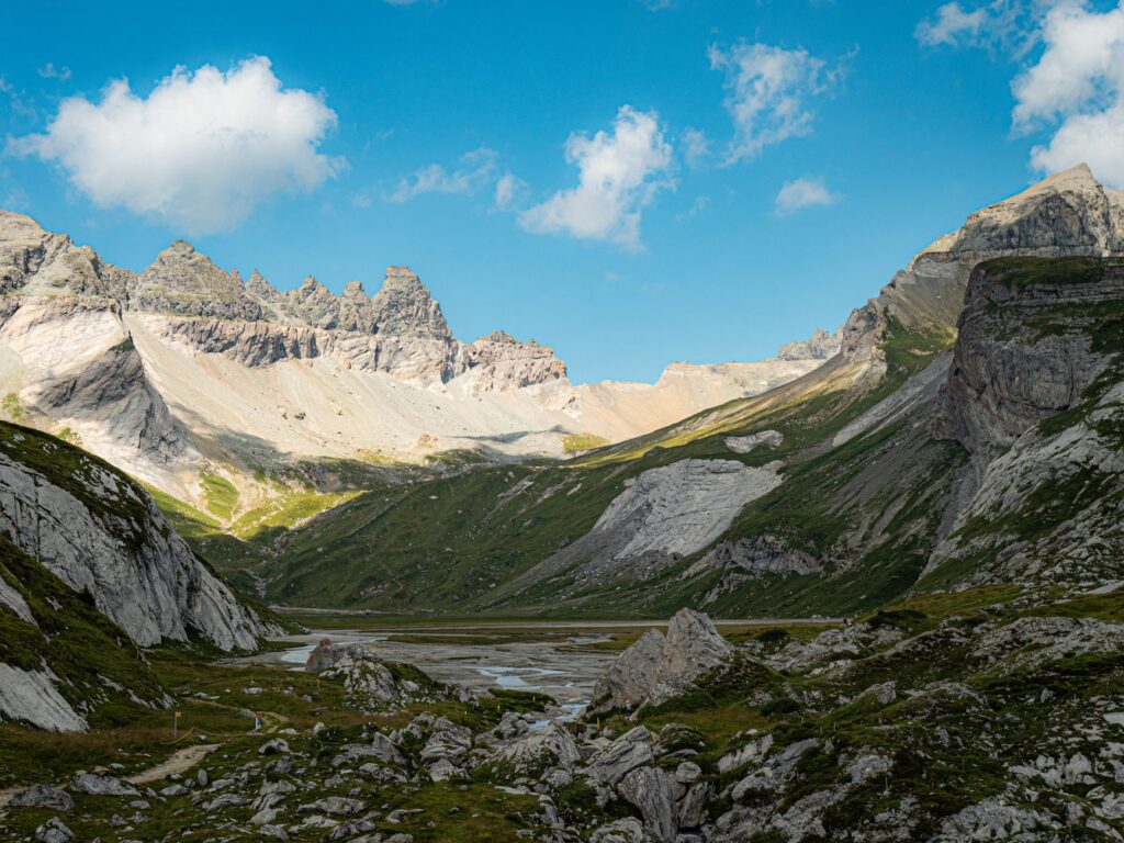 Breathtaking landscape of mountains and valleys in Flims, Graubünden on a sunny summer day.