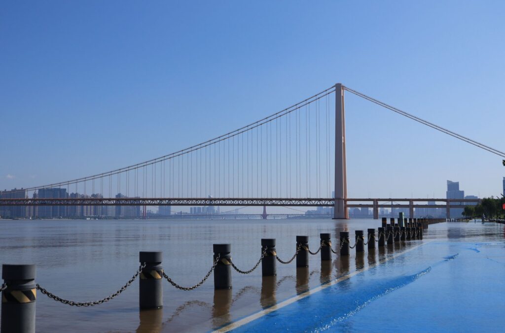A beautiful sunny day view of the Yangtze River and bridge in Wuhan, China.