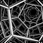 Abstract black and white illustration of a complex geometric metal framework, creating a captivating visual illusion.