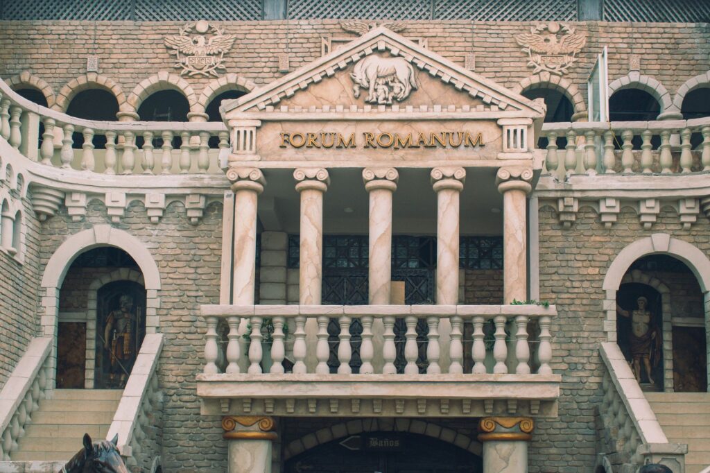 Elegant Roman-themed architectural facade at Chancay Castle, Peru.