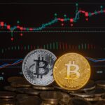 Cryptocurrency coins with a financial market graph in the background, symbolizing investment and economic trends.