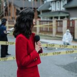 Female journalist reporting live on a crime scene investigation with police presence outdoors.