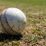 Close-up of a cricket ball on a grassy pitch, symbolizing outdoor sports.