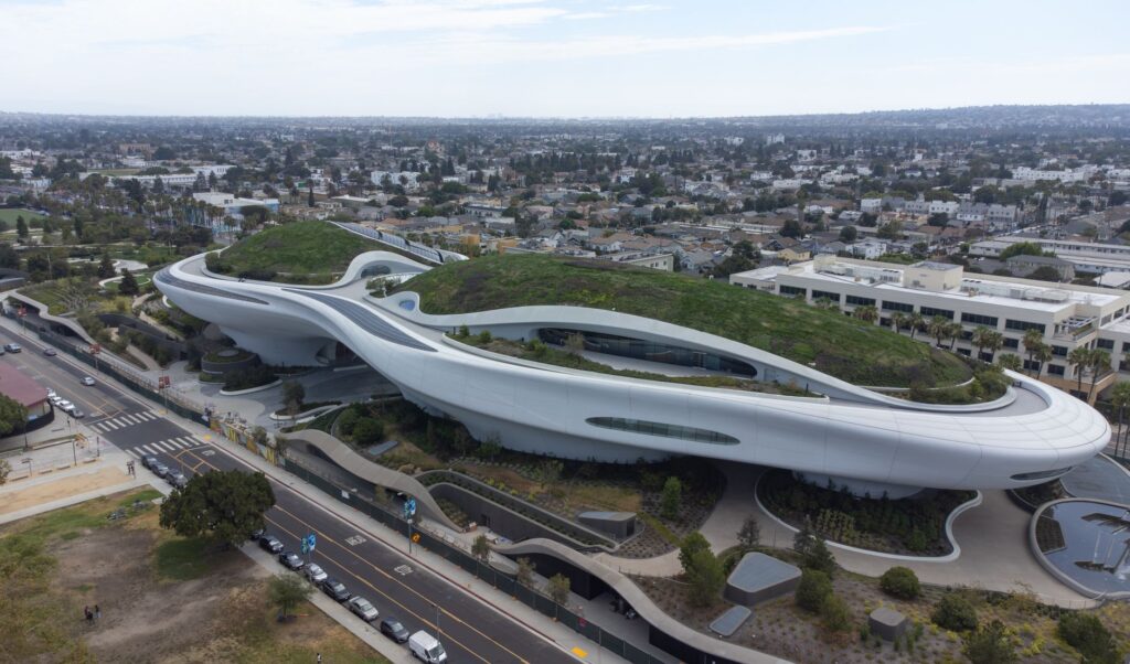 Stunning aerial view of the futuristic Lucas Museum of Narrative Art in Los Angeles.