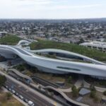 Stunning aerial view of the futuristic Lucas Museum of Narrative Art in Los Angeles.