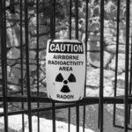Black and white image of a caution sign warning of airborne radioactivity and radon.