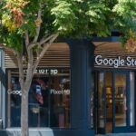 Google Store entrance in Los Angeles, showcasing trendy tech products and modern architecture.