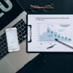Top view of a financial data analysis setup with laptop, smartphone, and graph on clipboard.