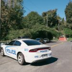 A police car parked at a suburban road intersection on a sunny day.