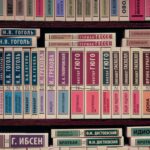 A vibrant collection of Russian literature books in various colors arranged on a bookshelf.
