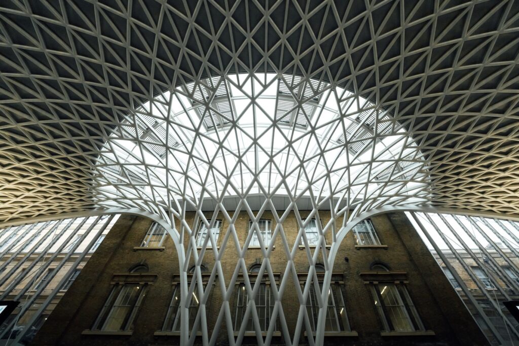 Stunning geometric roof architecture at King's Cross, London, showcasing modern design aesthetics.