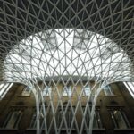 Stunning geometric roof architecture at King's Cross, London, showcasing modern design aesthetics.
