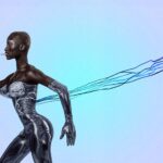 A futuristic art piece showcasing a cybernetic fashion model with wires, set against a light blue background.