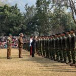 Gurkha soldiers participating in an official military parade in Pokhara, Nepal.