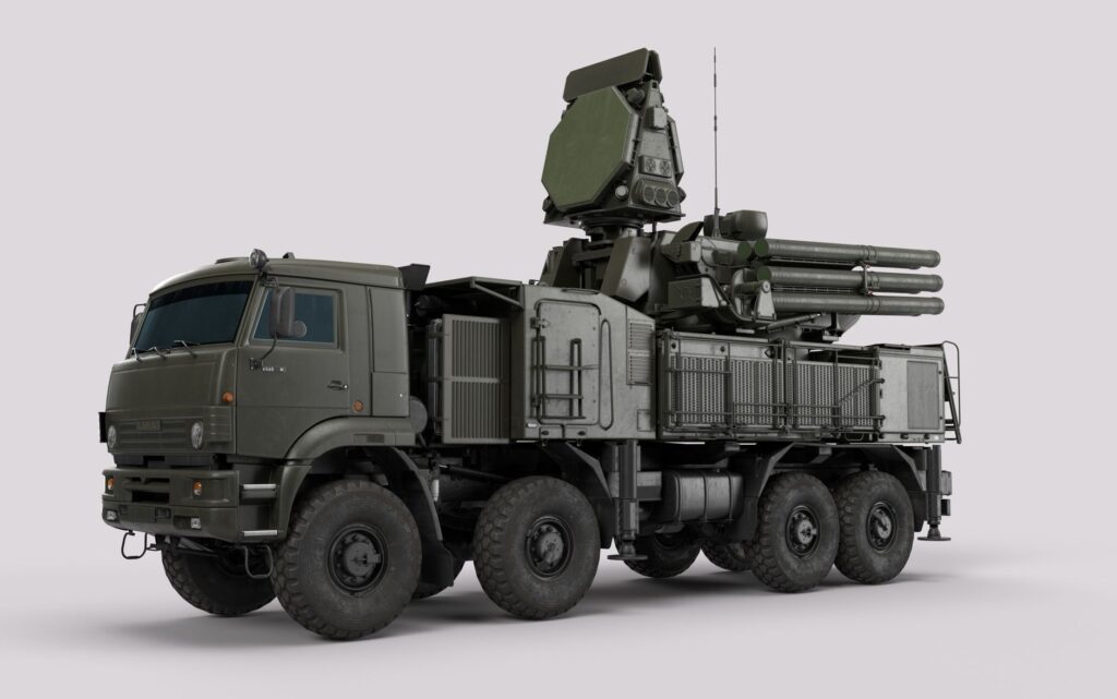 High-resolution image of a military anti-aircraft vehicle in a studio setting.