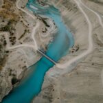 Breathtaking aerial shot of the winding Indus River through the arid mountains of Ladakh.