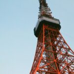 A low-angle view of Tokyo Tower with its iconic red structure set against a clear sky.