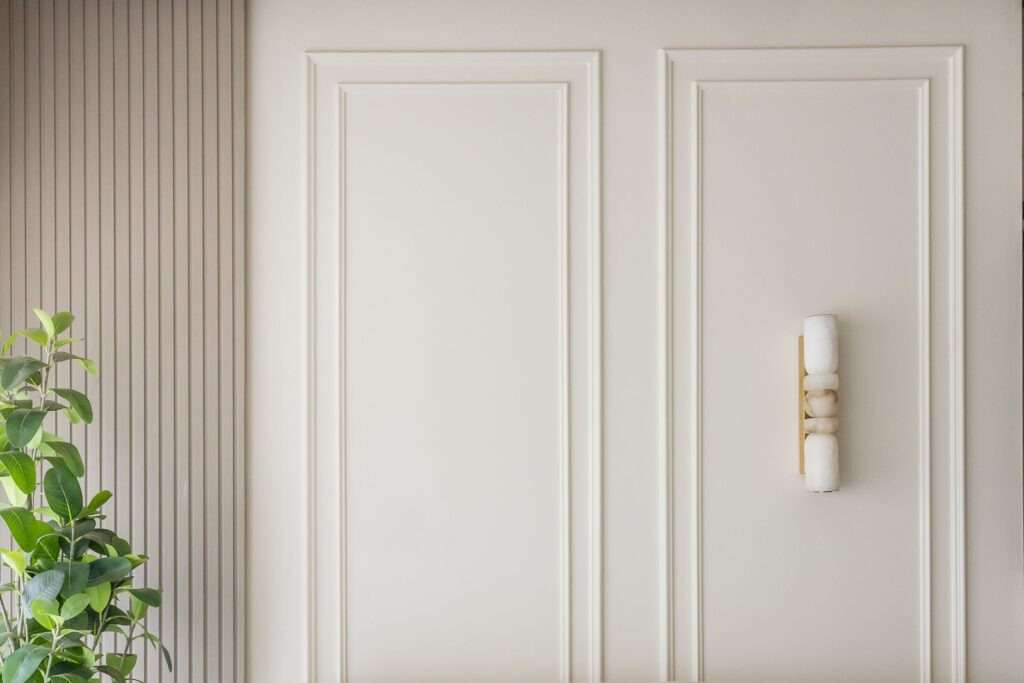 Minimalist wall design with a green plant and modern light fixture in a stylish room.