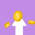 Decorative cardboard appliques of arrow and dollar coins representing income concept on violet background