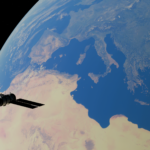 A satellite orbiting Earth, showcasing the Mediterranean Sea and surrounding continents.