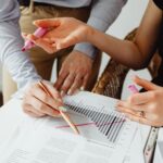 Two individuals collaborating on business chart analysis with markers in an office setting.
