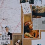 A detailed crime investigation board with photos, maps, and red threads used for connecting clues.