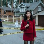 A journalist in a red outfit reporting live from a crime scene outdoors with stop tape and police presence.