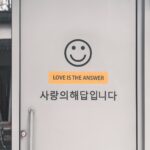 Grey door with a smiley face and 'Love is the Answer' text in English and Korean.