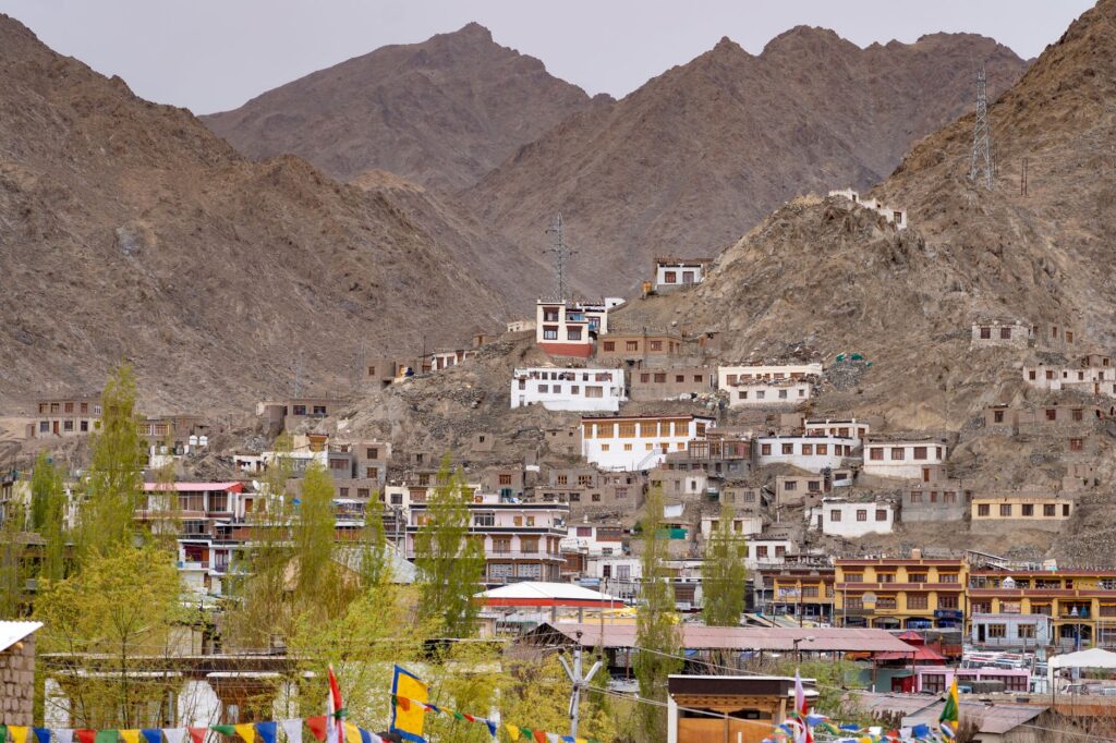 Charming hillside town of Leh in Ladakh, framed by majestic mountains. A unique blend of culture and nature.