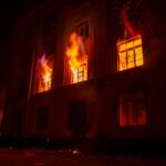 A blazing fire engulfs a building in Lviv at night, creating a dramatic scene with bright flames.