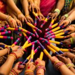 Colorful display of hands with dandiya sticks celebrating Navratri festival, showcasing Indian culture.