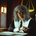 Female judge in courtroom setting, sitting at desk with justice scales in background.