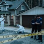 Forensic team investigates suburban crime scene with police officers and evidence markers.