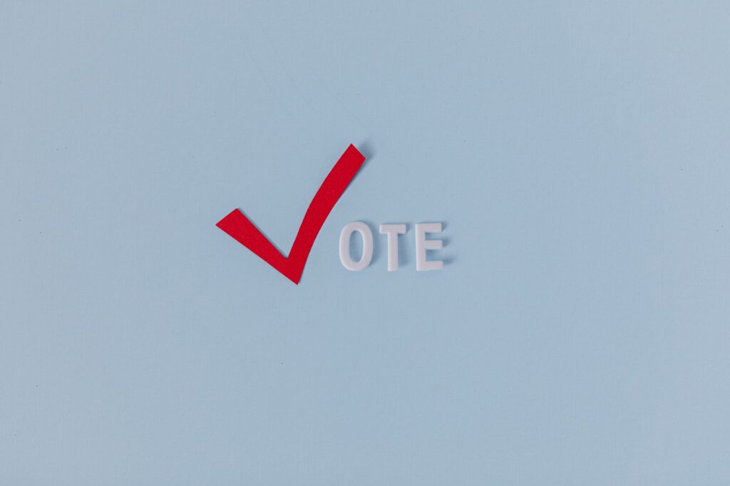 Red check mark with the word "VOTE" on a blue background, symbolizing election participation.