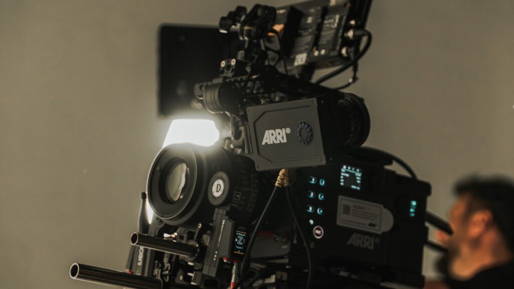 Detailed view of a high-end cinema camera rig with cine lens on a movie set in Istanbul, Türkiye.