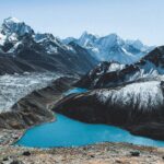 Stunning aerial view of snow-capped Himalayas and a turquoise lake in clear weather, Nepal.