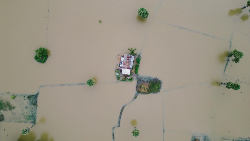 Drone shot of a flooded rural area in Kampong Thom Province, Cambodia.