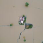 Drone shot of a flooded rural area in Kampong Thom Province, Cambodia.