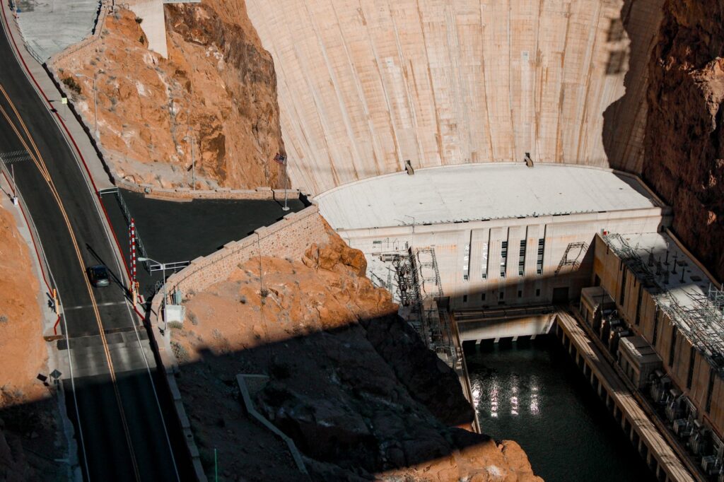 Stunning aerial perspective of the iconic Hoover Dam located on the border of Arizona and Nevada.
