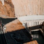 Stunning aerial perspective of the iconic Hoover Dam located on the border of Arizona and Nevada.