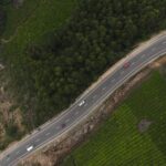 Drone shot of a winding road amid lush green tea plantations in Kannan Devan Hills, India.