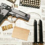 A handgun, spare magazines, and bullets displayed on a vintage paper background, emphasizing firearm themes.