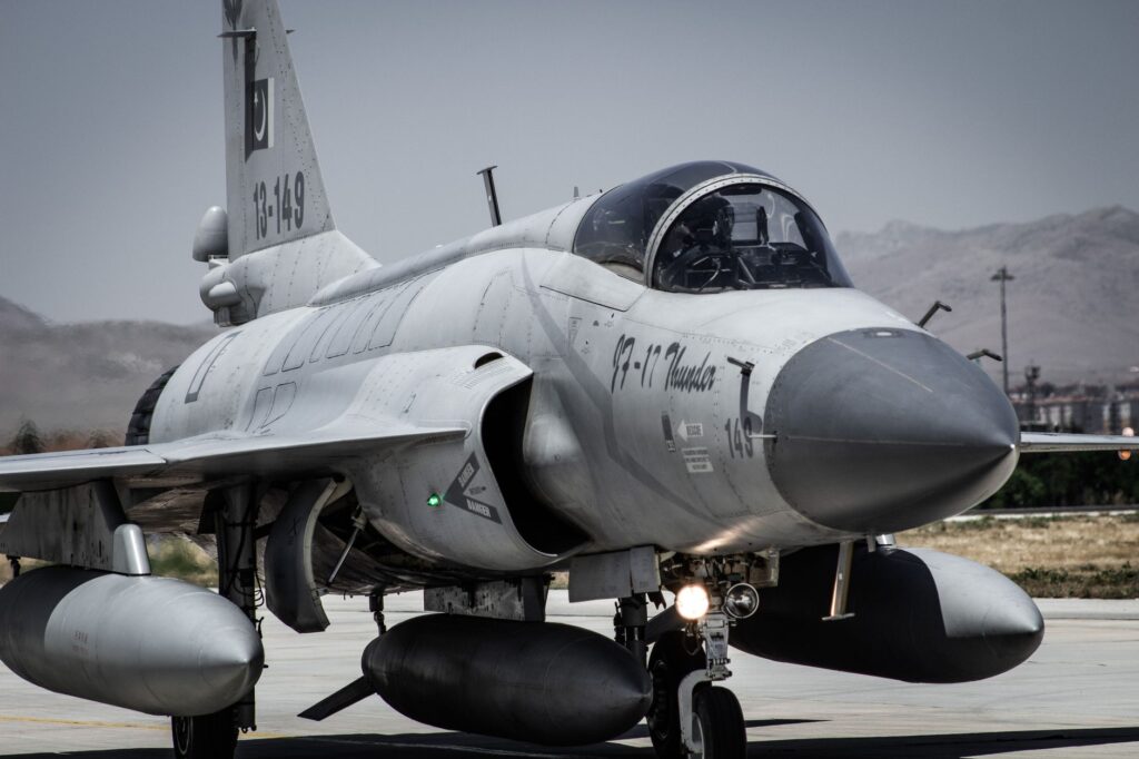 Detailed view of military jet on the runway in Konya, Türkiye, showcasing advanced aviation.