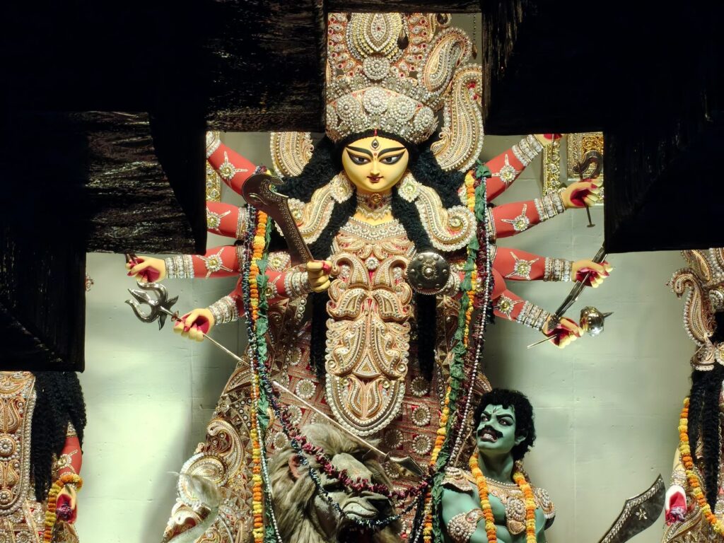 A beautifully decorated Durga idol displayed for Durga Puja celebration.